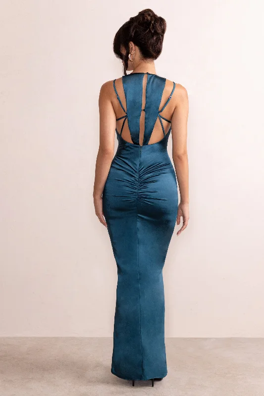 Emery | Teal Satin Plunge Neck Strappy Back Maxi Dress