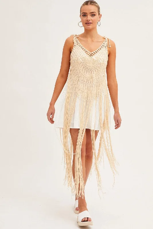 Beige Crochet Beach Pullover Dress Cover Up