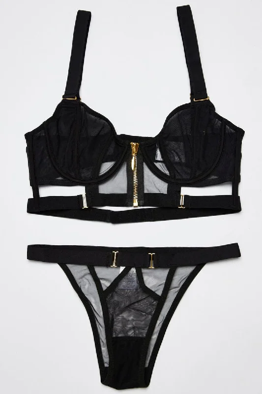 Black Zip Up Lingerie Set