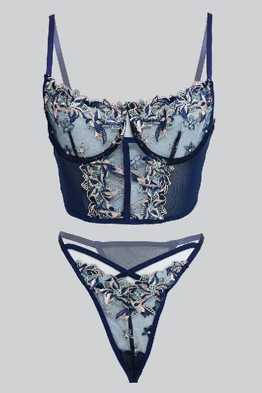 Blue Embroidered Lingerie Set