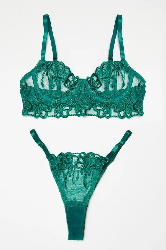 Green Embroidery Lingerie Set