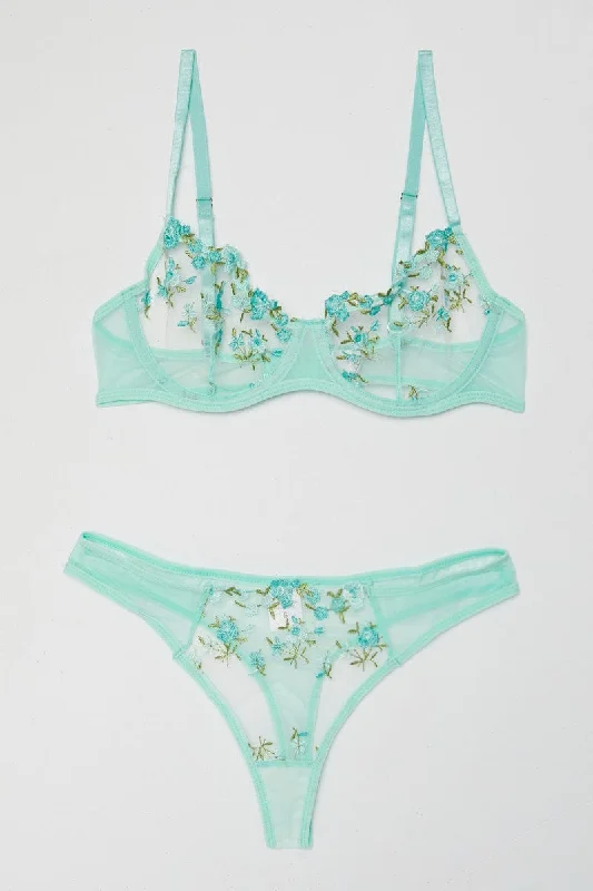 Green Floral Embroidered Lingerie Set