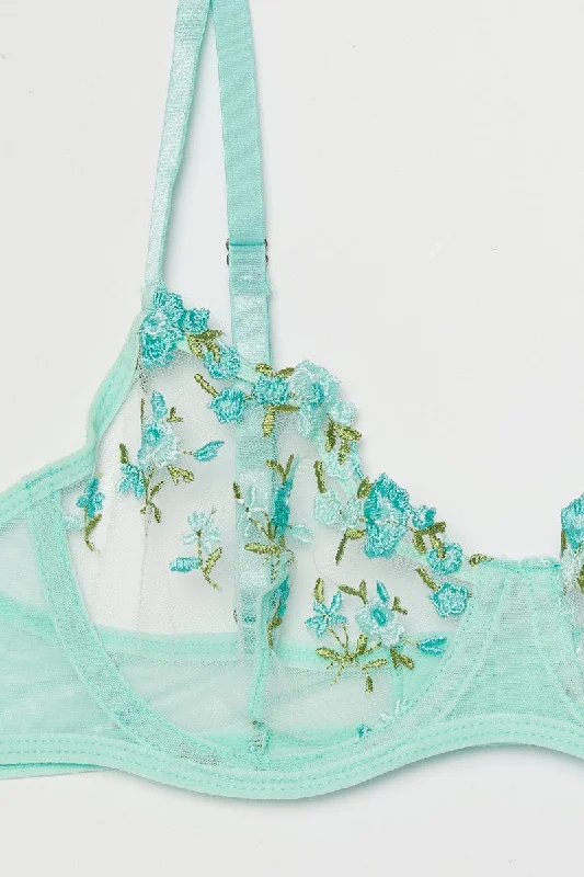 Green Floral Embroidered Lingerie Set