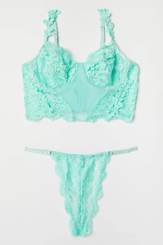 Green Floral Lace Lingerie Set