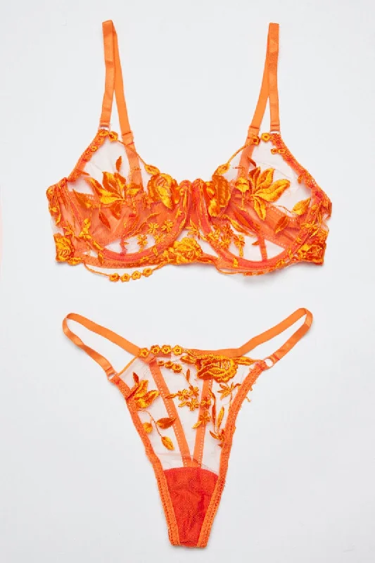 Orange Floral Embroidered Lingerie Set