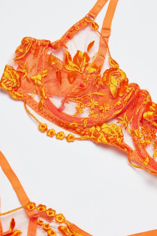 Orange Floral Embroidered Lingerie Set