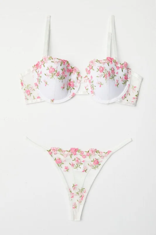 Pink Floral Embroidery Lingerie Set