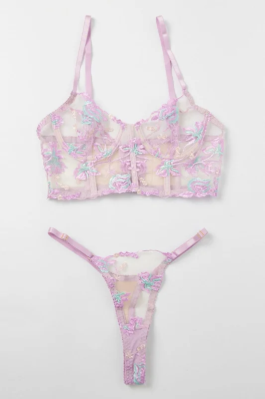 Purple Embroidery Lingerie Set