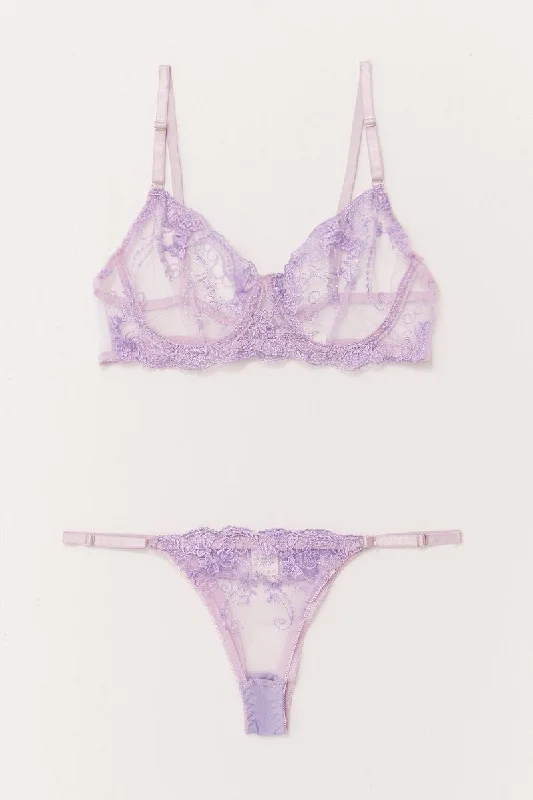 Purple Floral Embroidered Lingerie Set