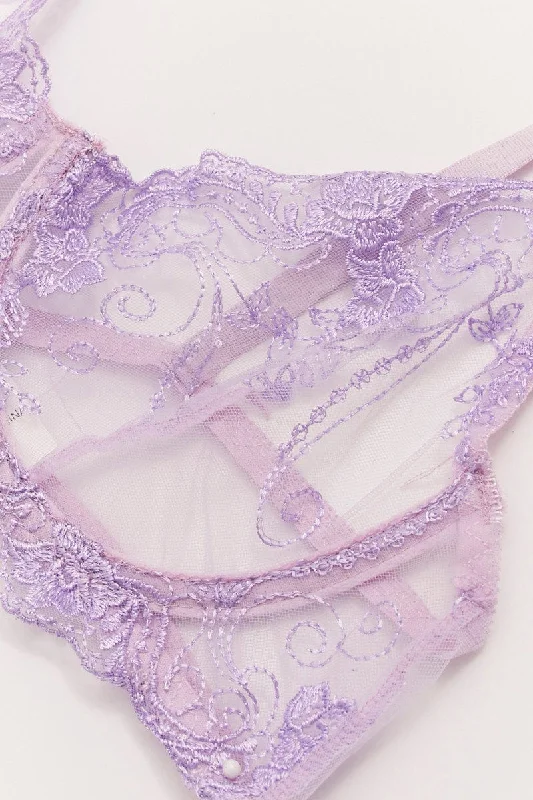 Purple Floral Embroidered Lingerie Set