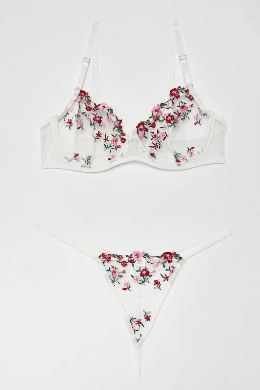 Red Floral Embroidered Lingerie Set