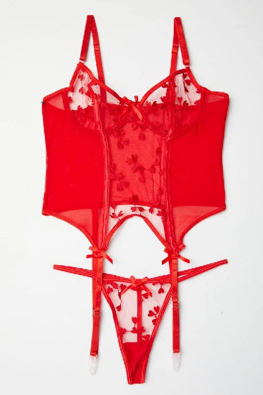 Red Heart Embroidery Lingerie Set