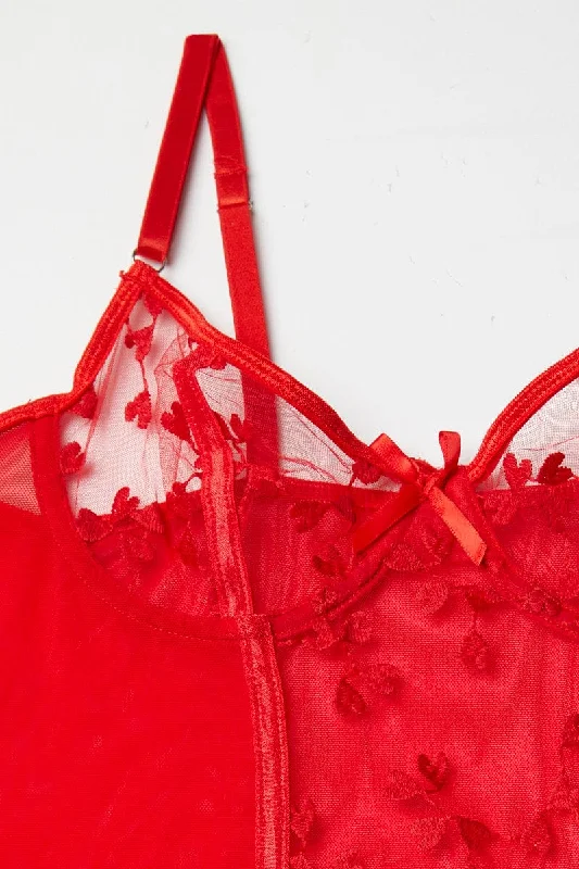 Red Heart Embroidery Lingerie Set