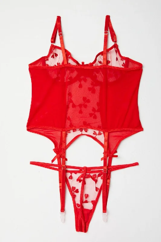 Red Heart Embroidery Lingerie Set