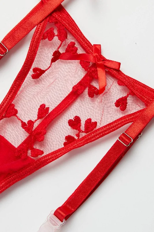 Red Heart Embroidery Lingerie Set