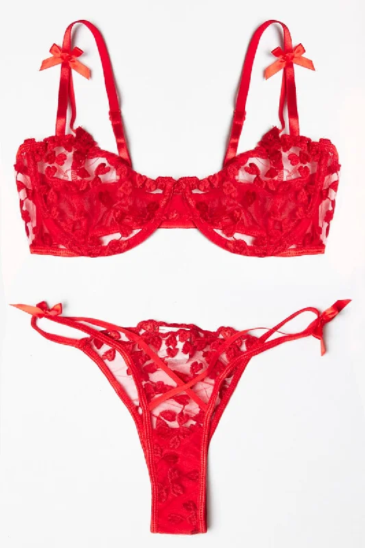 Red Heart Embroidery Lingerie Set