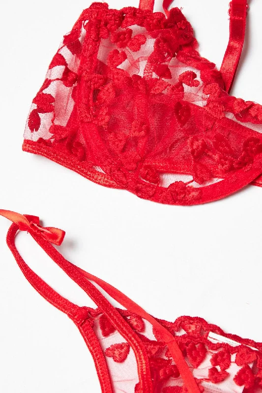 Red Heart Embroidery Lingerie Set