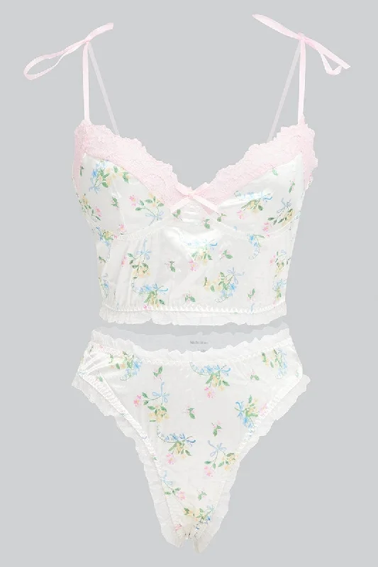 White Floral Floral Print Lingerie Set