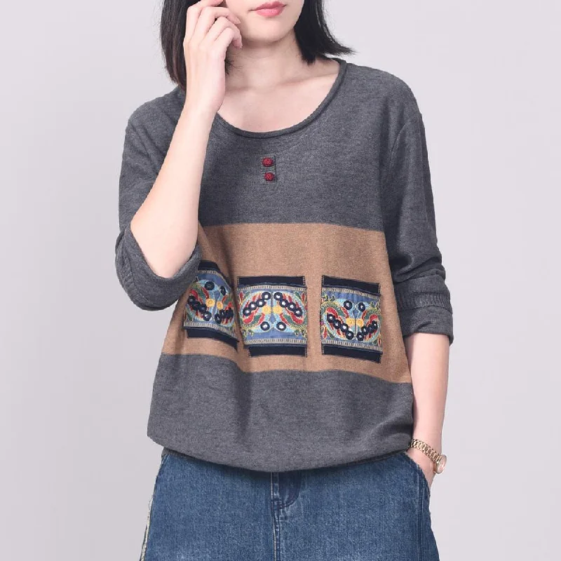 Chunky Patchwork Knitted T Shirt Plus Size Autumn Knitwear Dark Gray