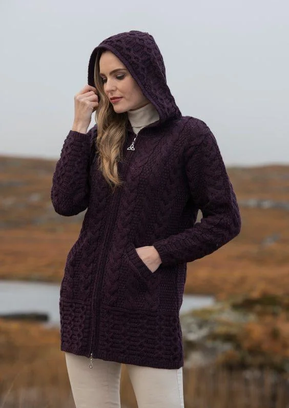 Aran Hooded Cardigan With Celtic Knot Zipper | Damson