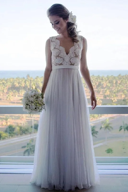 A Line Floor Length V Neck Sleeveless Tulle Beach Wedding Dress with Lace N2401