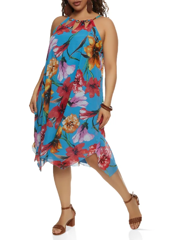 Plus Size Floral Print Beaded Neck Handkerchief Dress