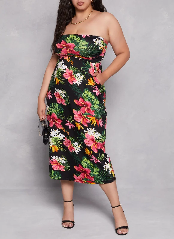 Plus Size Floral Print Maxi Tube Dress