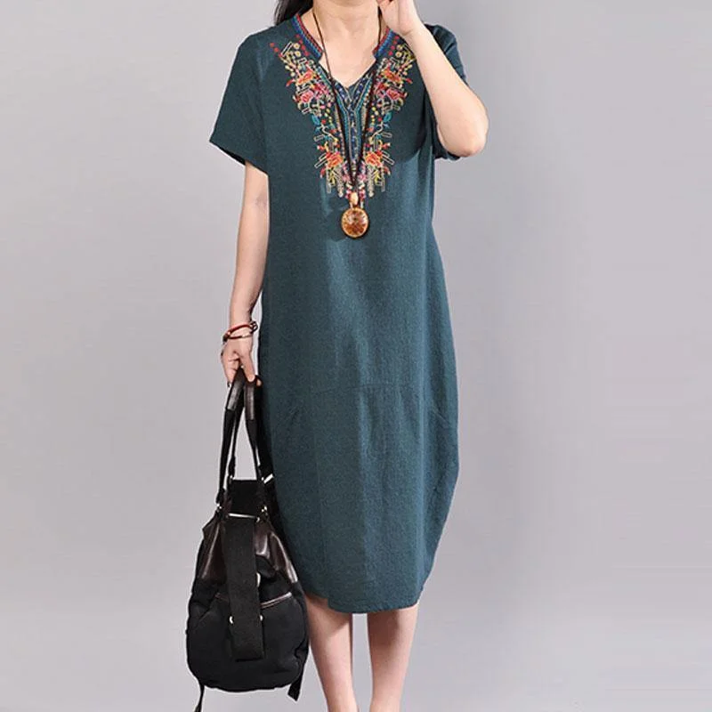 Casual Embroidered V Neck Dark Green Short Sleeve Dress