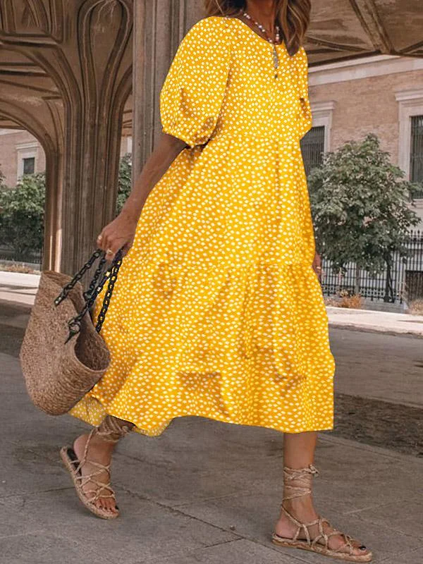 Casual Polka Dot Printed Puff Sleeve Dress