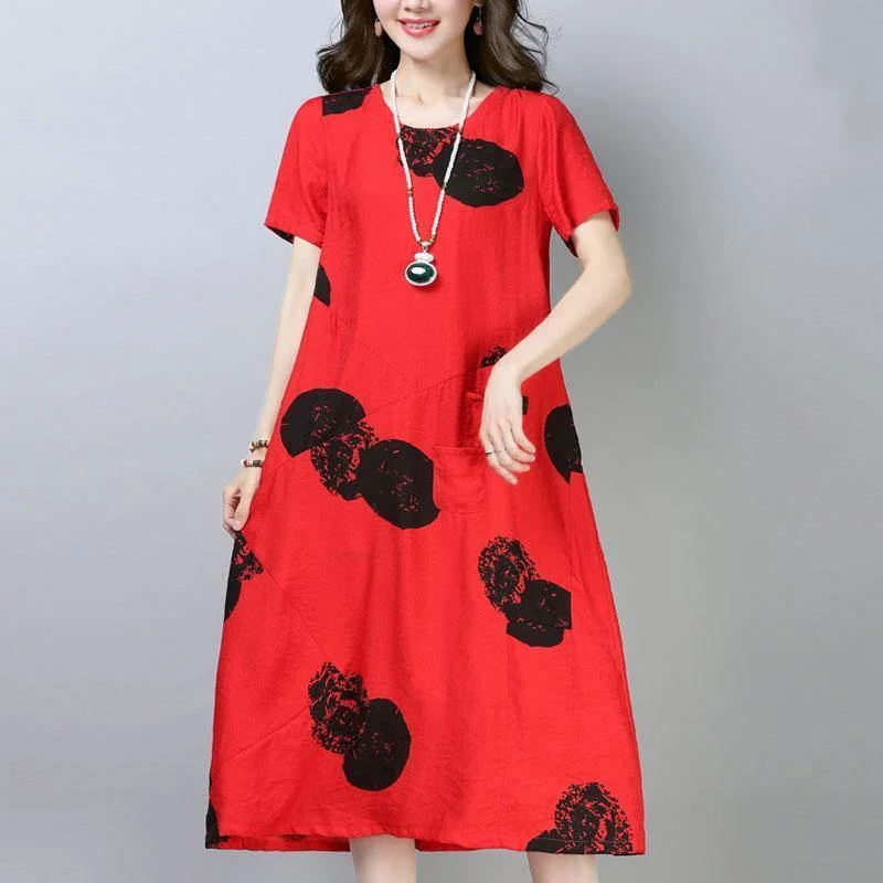 Casual Round Neck Printed Red Dress Short Sleeve