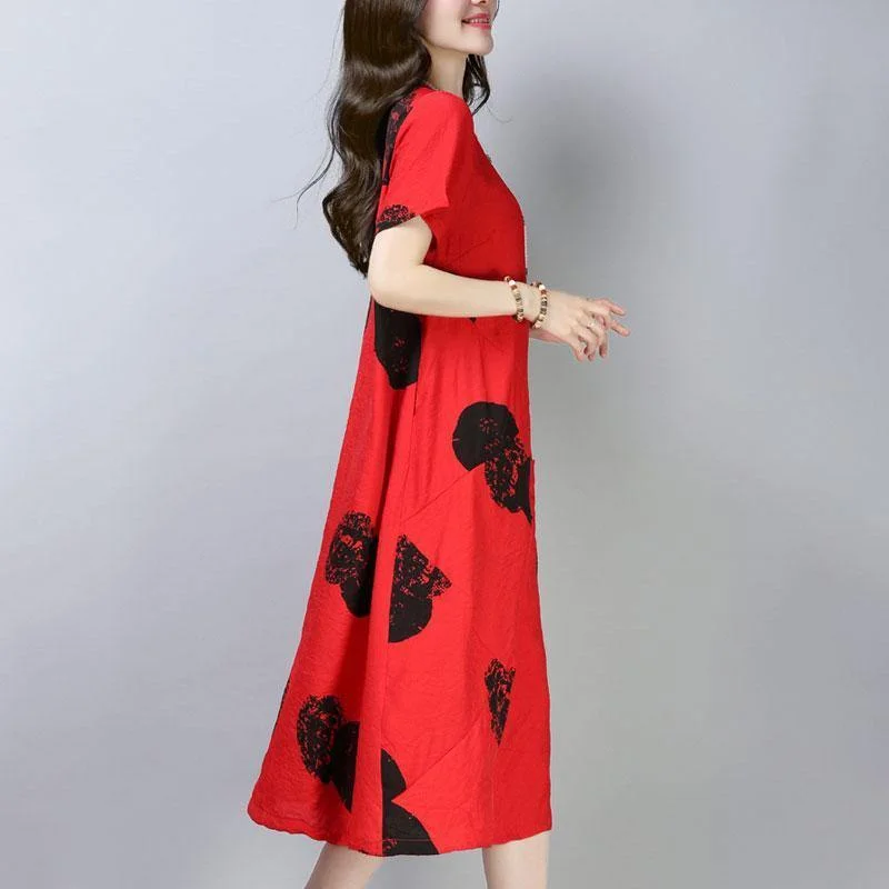 Casual Round Neck Printed Red Dress Short Sleeve