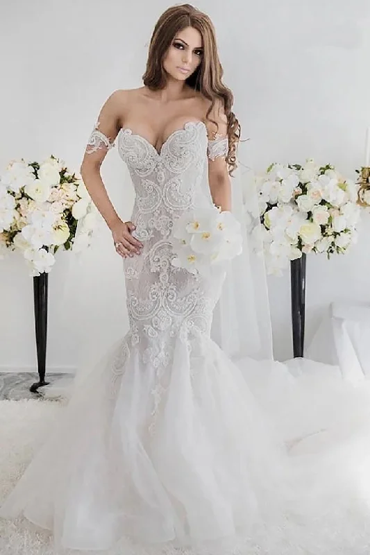 Charming Off-the-Shoulder Mermaid Style Sweep Train Lace Wedding Dresses