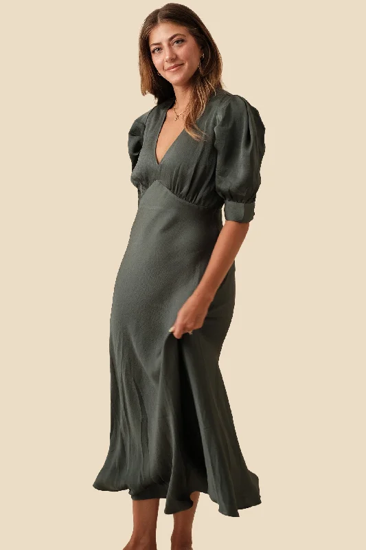 Current Air Bessie Puff Sleeve Midi Dress (Green)