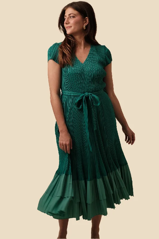 Current Air Helen Pleated Color Block Midi Dress (Teal)