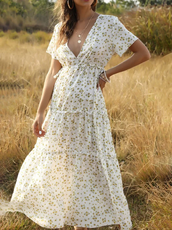 Deep V-Neck Bohemian Dress With Ruffled Floral