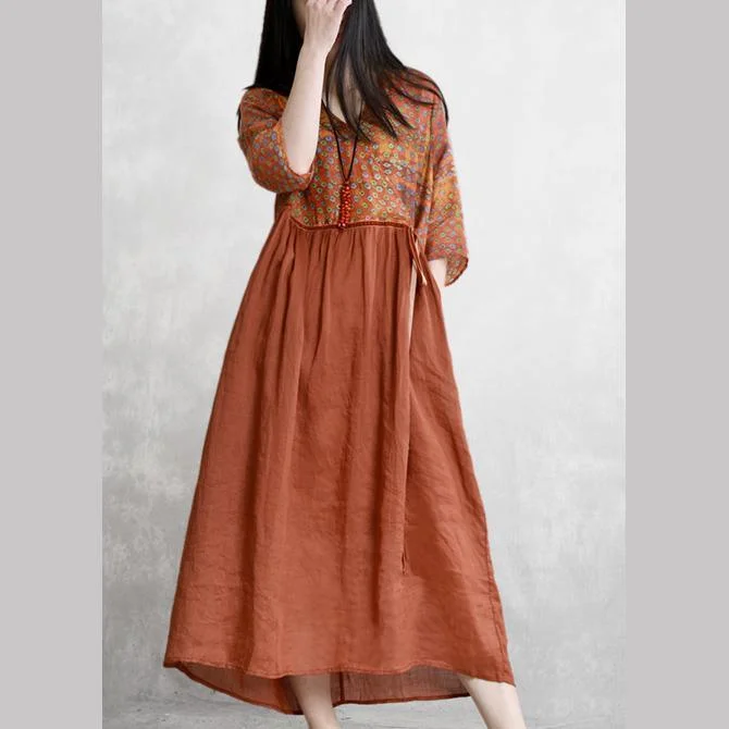 DIY brown print linen clothes For Women v neck patchwork wrinkled Maxi summer Dress