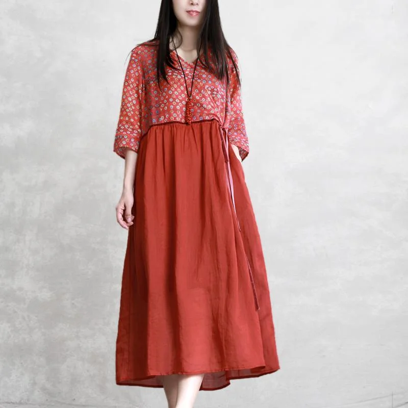 DIY brown print linen clothes For Women v neck patchwork wrinkled Maxi summer Dress