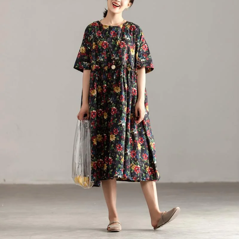 Elegant Cotton Caftans Oversized Casual Short Sleeve Pockets Floral Pleated Lacing Dress