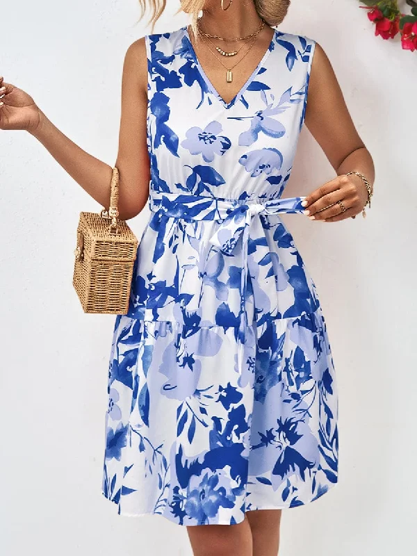 Floral V-Neck Tie Waist Sleeveless Mini Dress