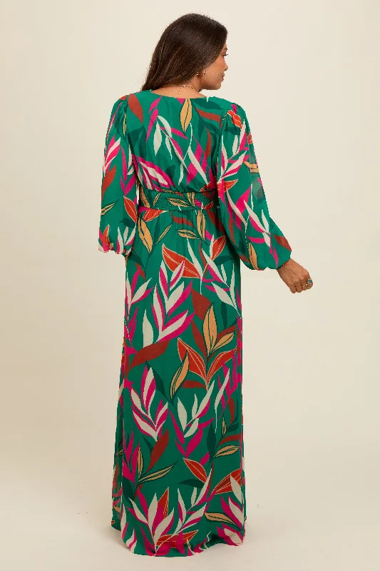 Forest Green Leaf Print Deep V-Neck Maternity Maxi Dress