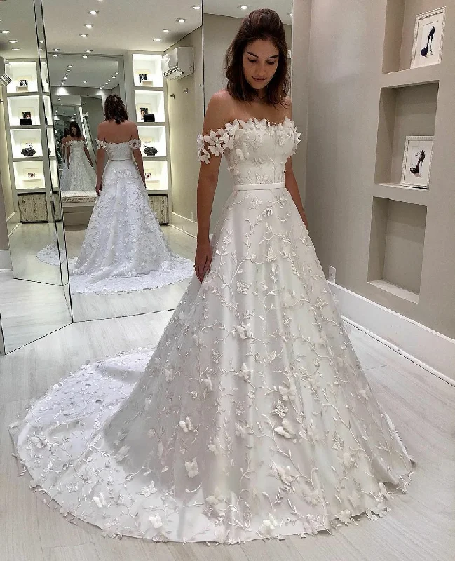 Gorgeous Off the Shoulder Lace Wedding Dresses Long Bridal Dresses N2422