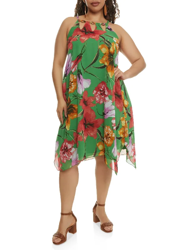 Plus Size Floral Beaded Neck Handkerchief Dress