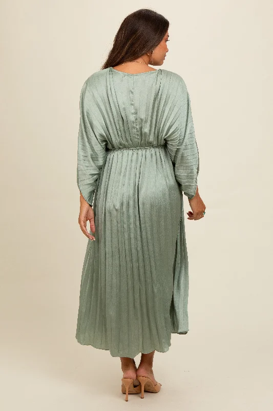 Light Olive Satin Pleated V-Neck Maternity Maxi Dress