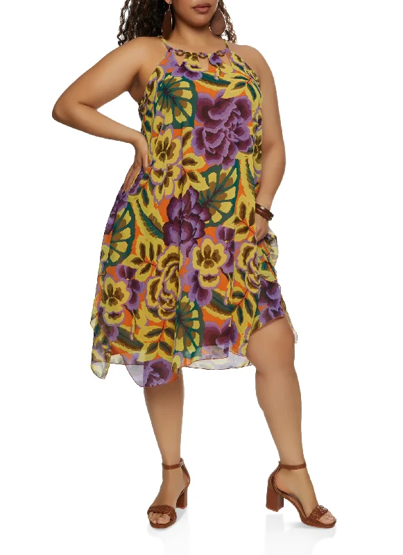 Plus Size Floral Print Beaded Neck Lined Handkerchief Dress