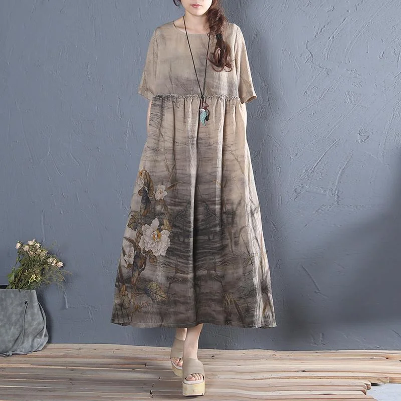 Natural khaki print cotton quilting clothes o neck Plus Size summer Dress