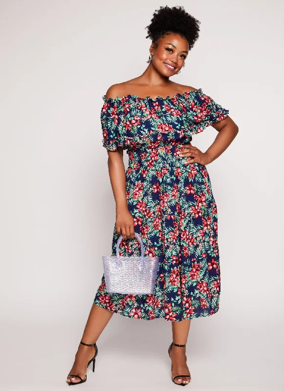 Plus Size Floral Print Overlay Off the Shoulder Midi Dress