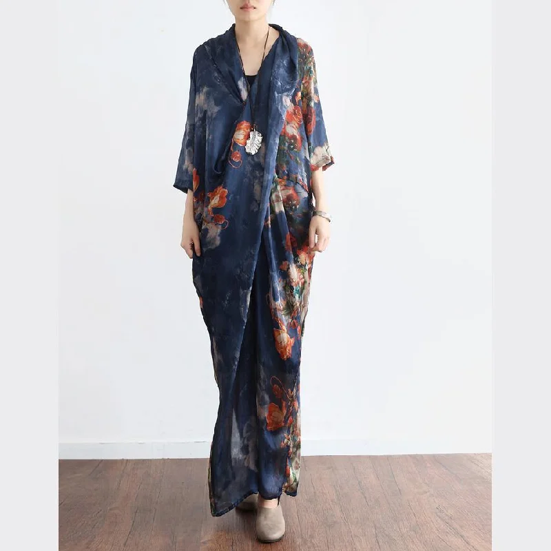 New Blue Print Stylish Casual Chiffon Dresses Plus Size Vintage Unique Maxi Dress