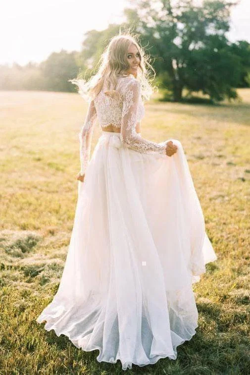 Romantic Two Piece Long Sleeves Wedding Dresses with Lace A Line Ivory Chiffon Bridal Dresses N2398