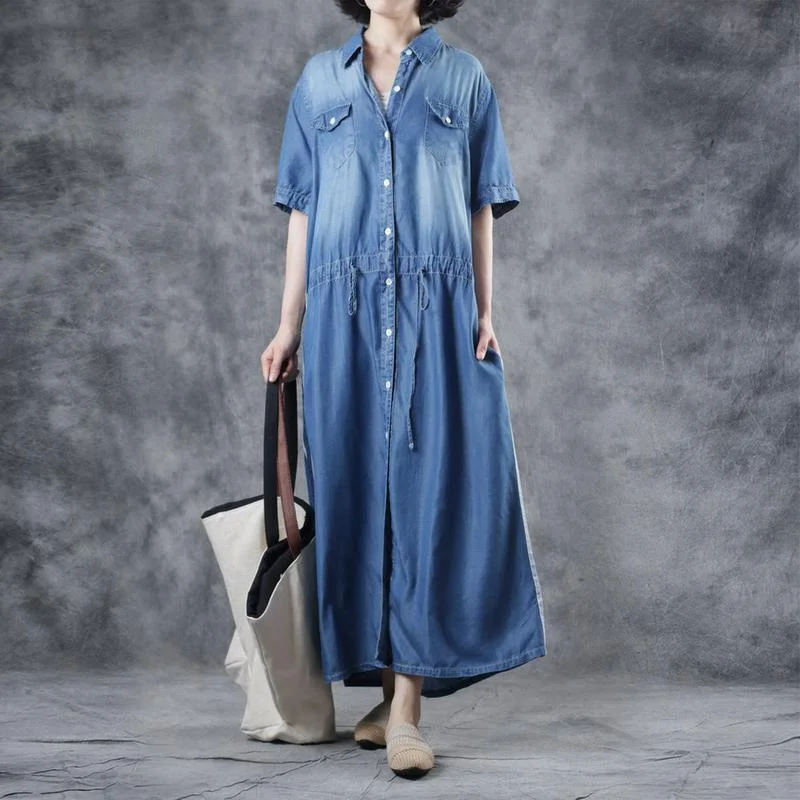 Simple Denim Blue Cotton Dresses Stand Collar Drawstring Loose Summer Dress