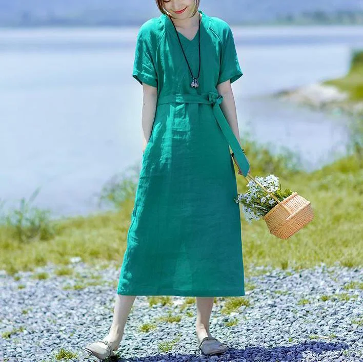 Simple linen cotton clothes For Women Soft Surroundings V-Neck Lacing Solid Color Casual Dress